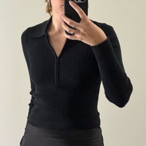 Abercrombie & Fitch Black Collared Zip Ribbed Top